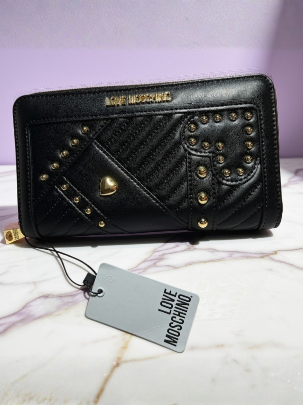 Love Moschino Black Quilted Studded Zip-Around Wallet with Gold Accents